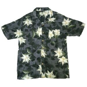 Island Shores Button Down Shirt Mens Medium Gray White Silk Floral Lily Hawaiian